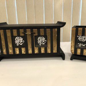 Asian Inspired Organizer w Drawer & Holder Black & Gold Storage Desktop etc.